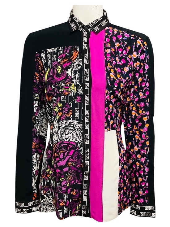 Versace Tops - VERSACE BLACK / PINK MULTI FLORAL BAROQUE PATCHWORK PRINT SILK BLOUSE WITH MEDUS